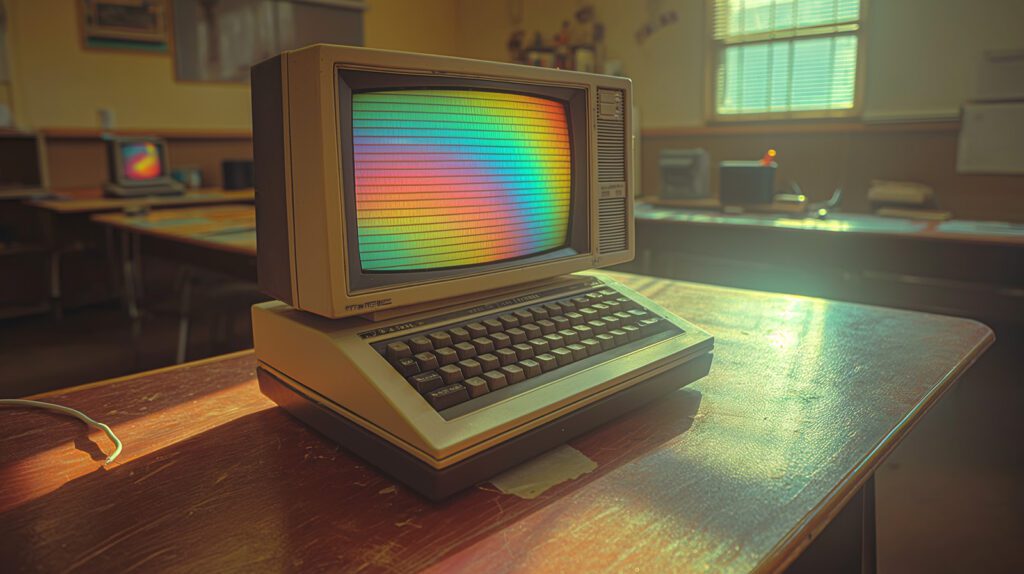 a computer sitting on a retro 1980s classroom table - rainbows on the computer screen