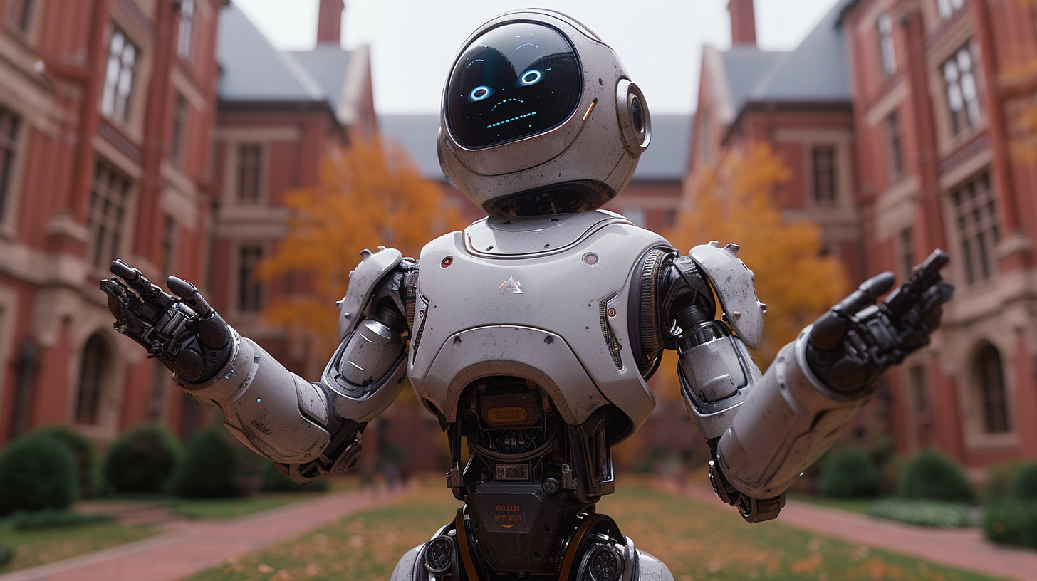 a robot smiling with a digital face standing in a college campus