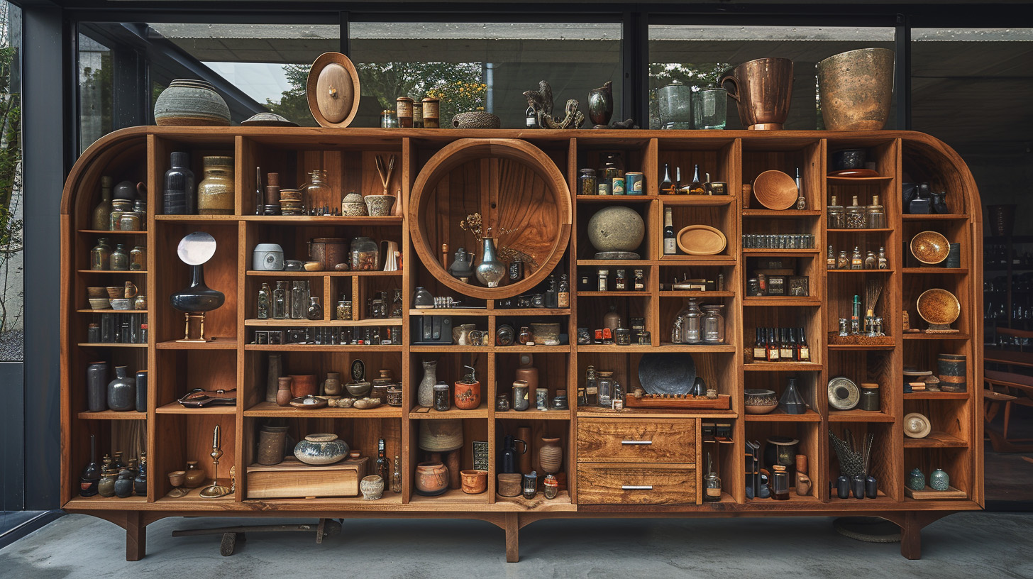 a piece of furniture with hundreds of compartments and items like vases and plants in them
