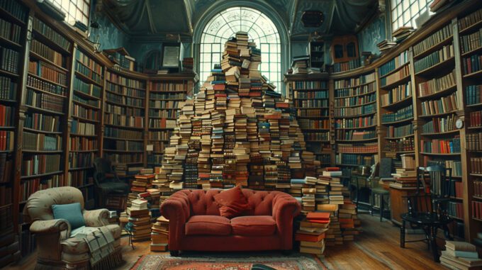 a tower of books inside a tall library room of books filling the walls
