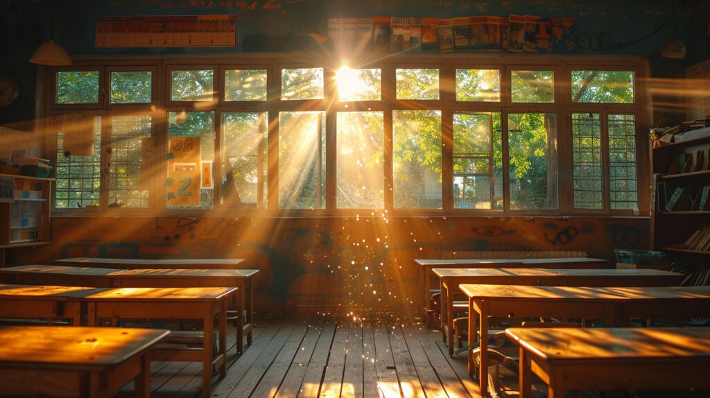 an elementary school classroom. Light streams in through the windows. Shining glitter comes through the windows.