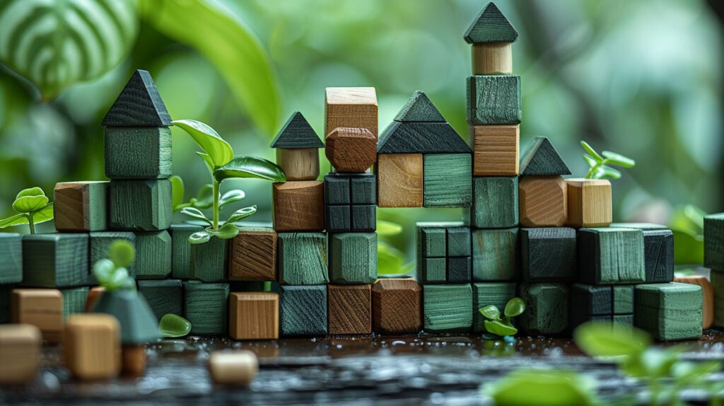 children's wood building blocks made out of digital pixels, monochromatic green and black color palette in the style of tron