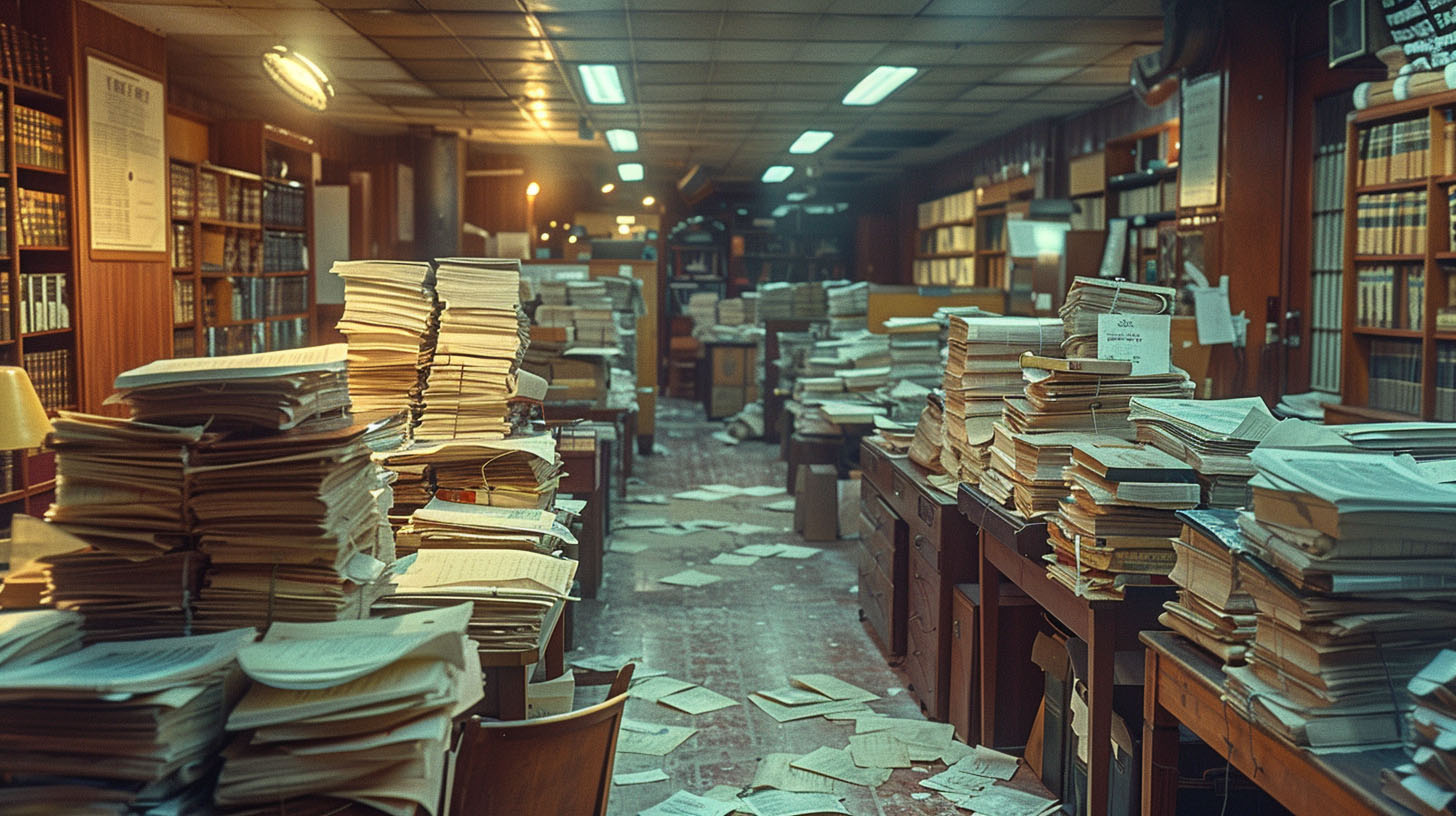 cinestill 800t film still of a 1970s office with many desks in it. Each task is piled very high with stacks of papers.