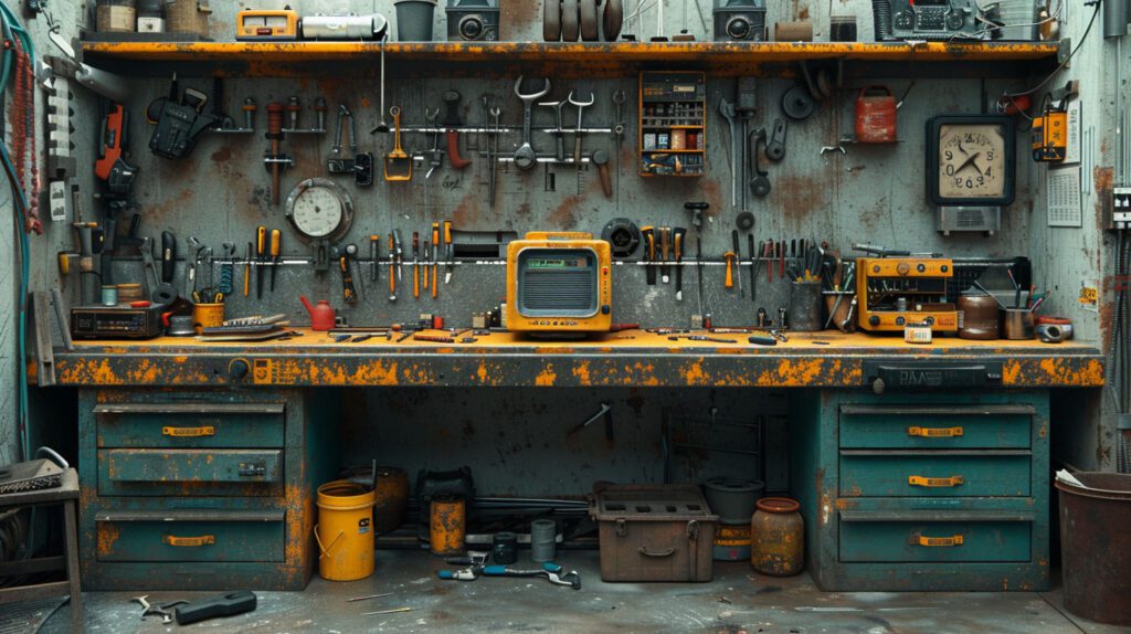 cinestill 800t film still of a workbench with tools strewn around it and on the workbench, a toaster on the workbench