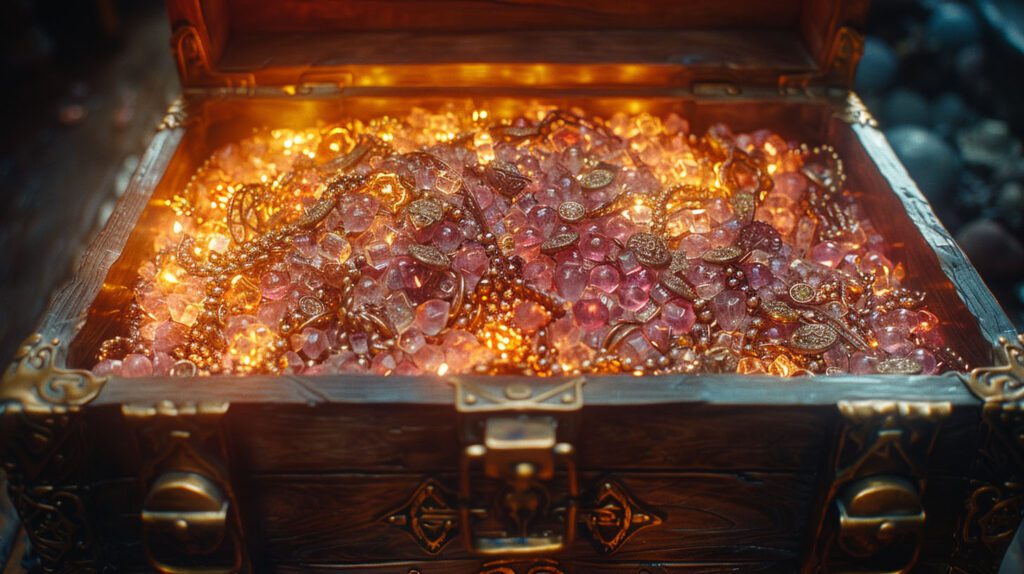 close up cinestill 800t film still of a treasure chest opening with jewels inside and a glow coming out of the box