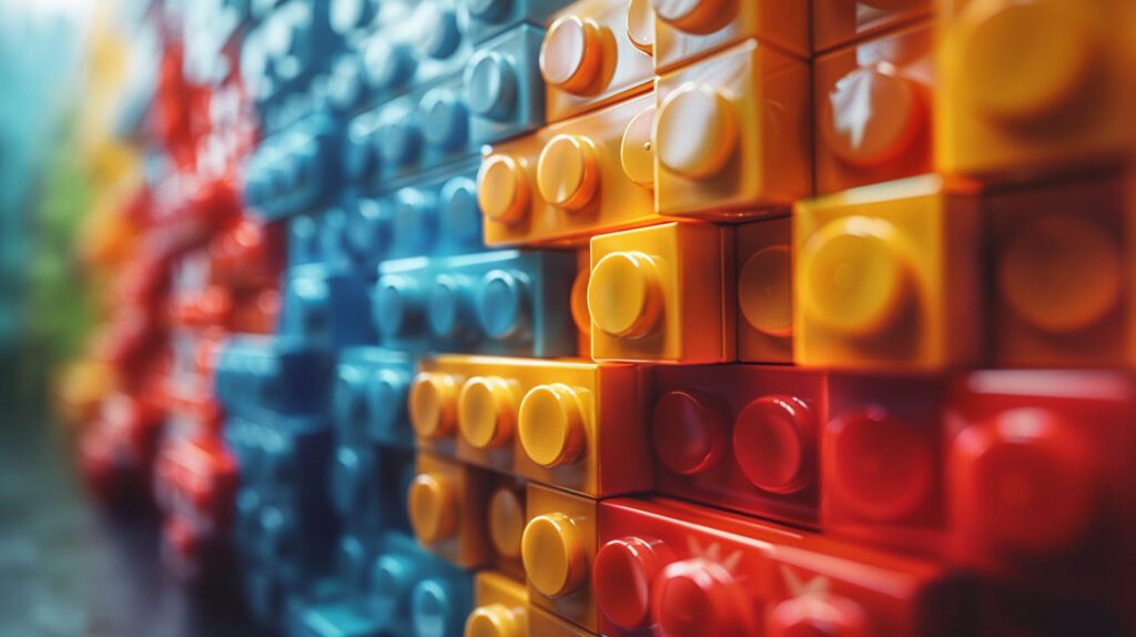 close up cinestill 800t film still of lego building blocks stacked in many colors