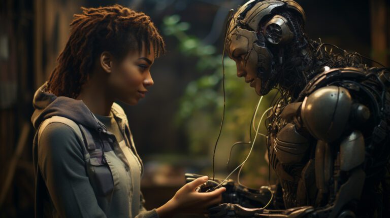a robot and a black woman looking at each other holding hands