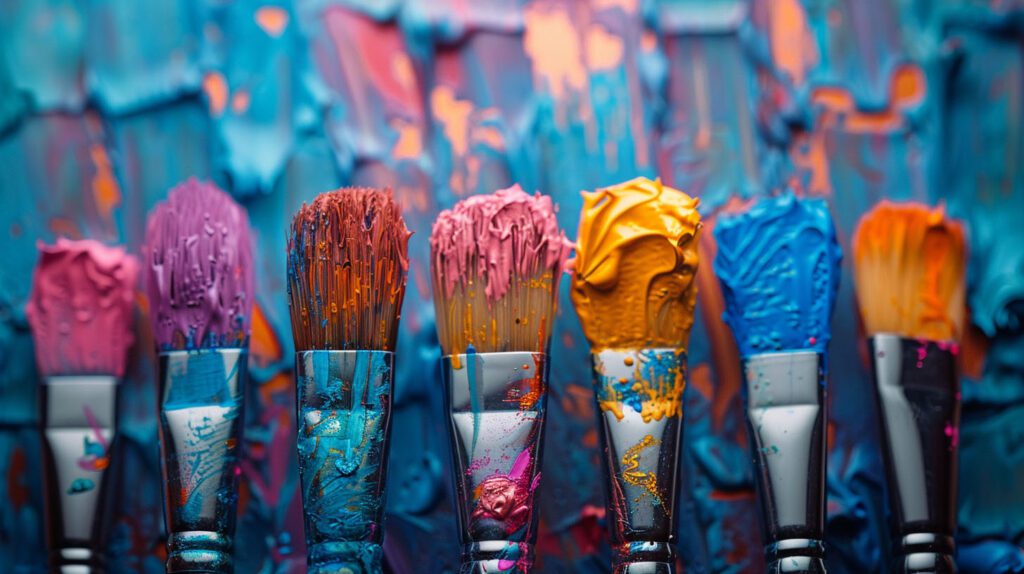 six colorful paintbrushes in a row