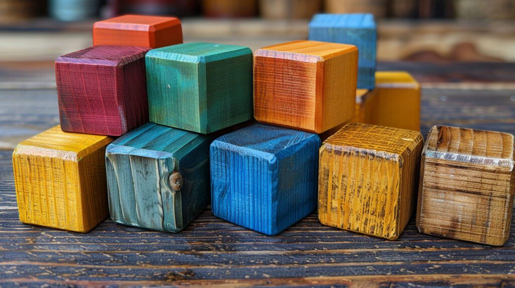 fifteen wooden blocks of different colors sitting on a table