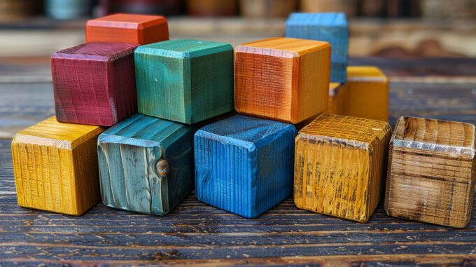 fifteen wooden blocks of different colors sitting on a table