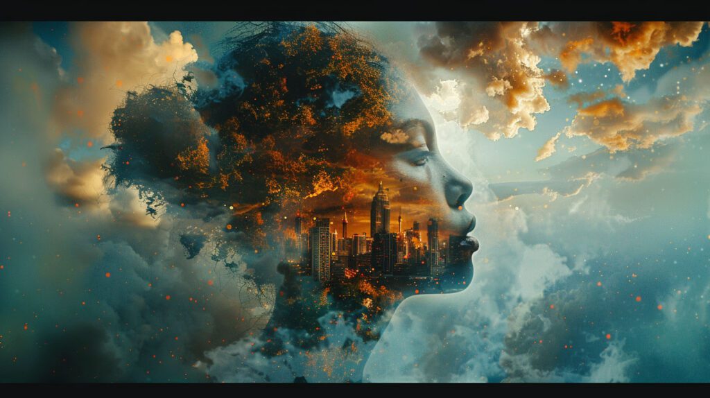 a composite image of a black woman's face and a city and clouds superimposed on it. prompt: "a wicked problem"