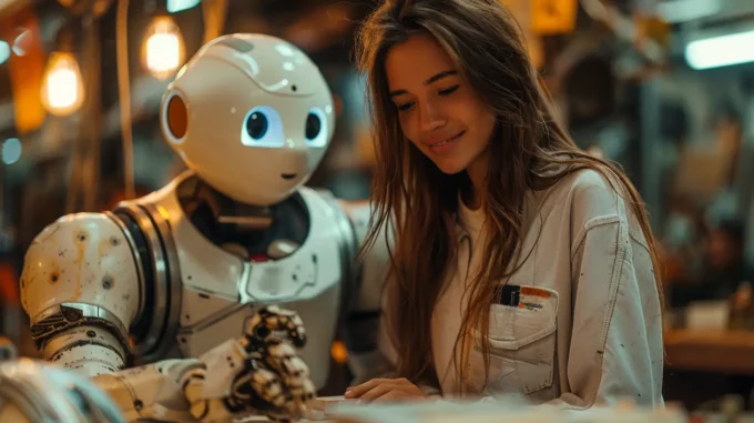 a college student from south america working with a robot