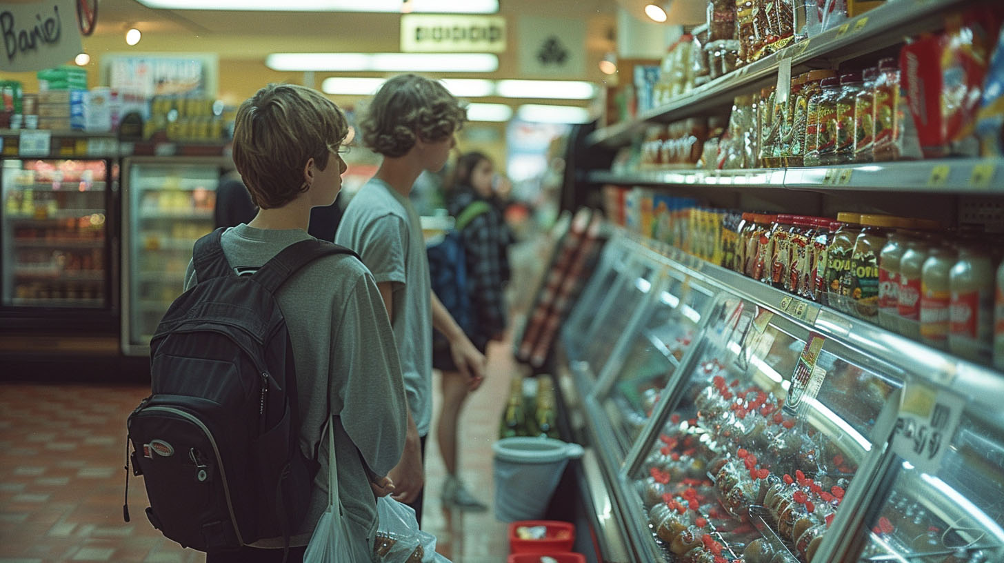 two college age men shopping in a retro grocery store